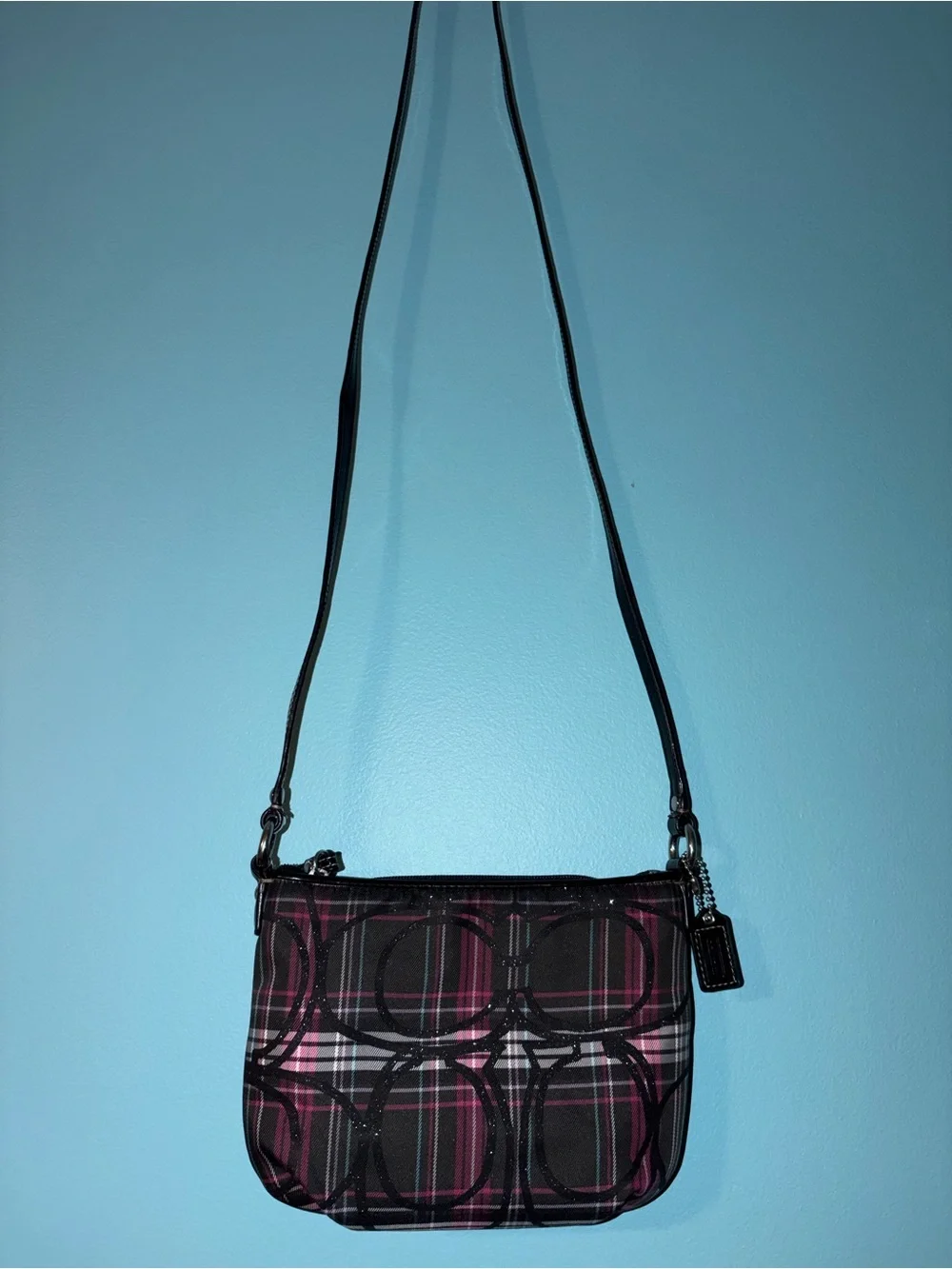 Coach Poppy Tartan Black Plaid Mini Crossbody with Pink & Teal Accents
